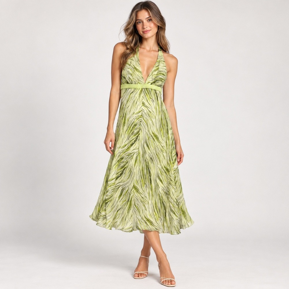 Carmen Marc Valvo Women Dress 4 Green Silk Halter Abstract Print Midi Y2K Boho